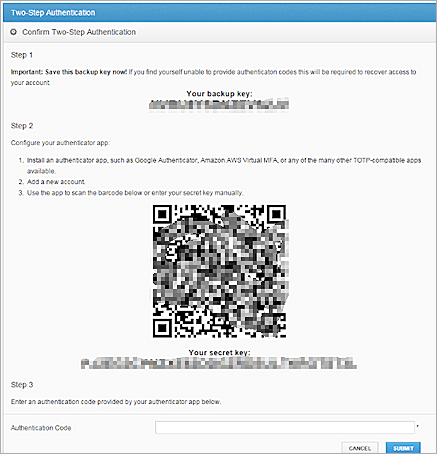 Two-step authentication web page with the QR Code to activate your Axcient Anchor token.